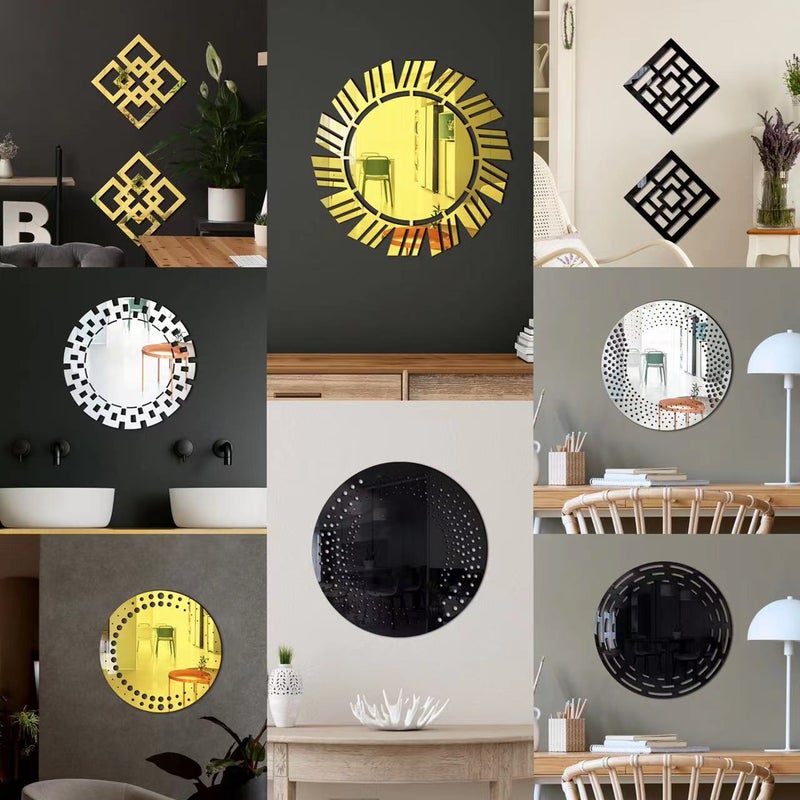 Jm1124-1131 Three-Dimensional Simple Hollow Wooden Acrylic Round Mirror Sticker Home Decorative Mirror Wall Sticker - Image 2