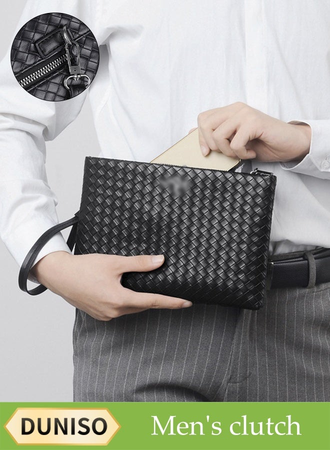 DUNISO Men's Clutch Bag, Leather Wallet, Card Holder, Clutch Envelope Bag, Fashion Youth Bag Trendy Weaving Pattern, Storage Wrist Bag, Men's Gift - Image 1