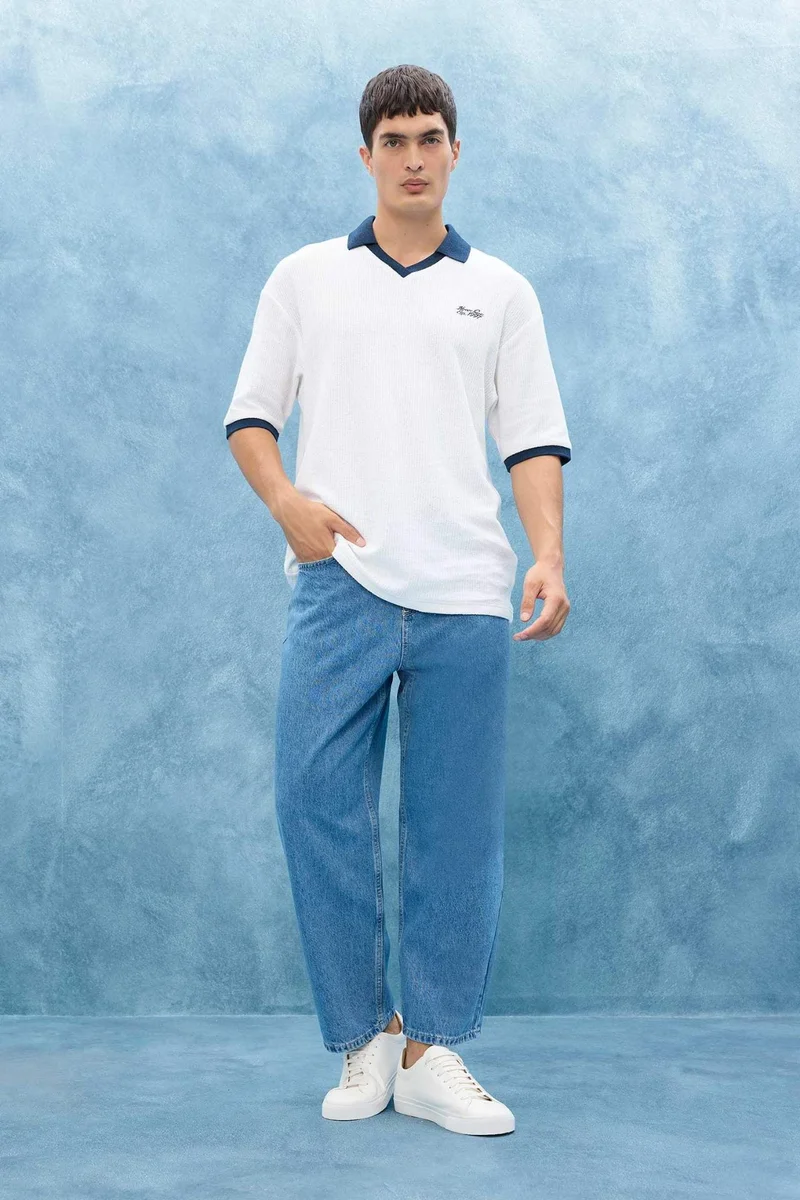 DeFacto Boxy Fit Polo Collar Printed Short Sleeve Polo T-Shirt