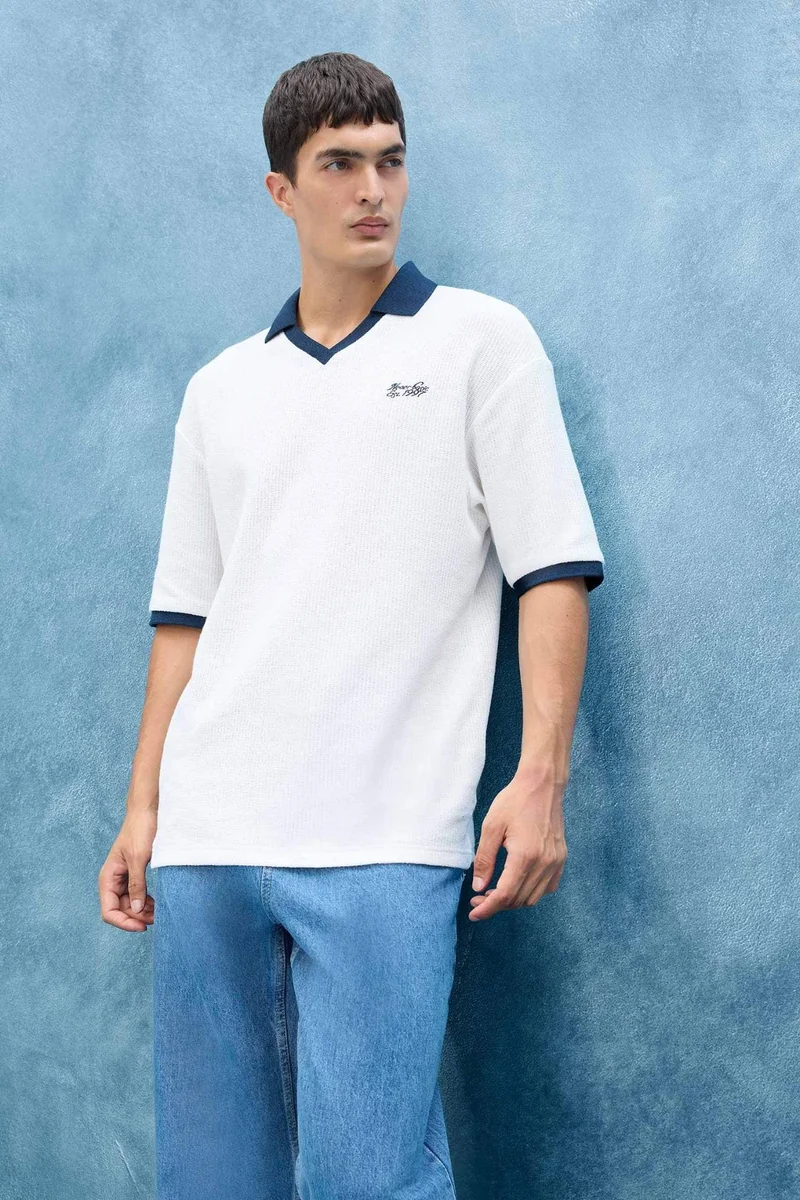DeFacto Boxy Fit Polo Collar Printed Short Sleeve Polo T-Shirt