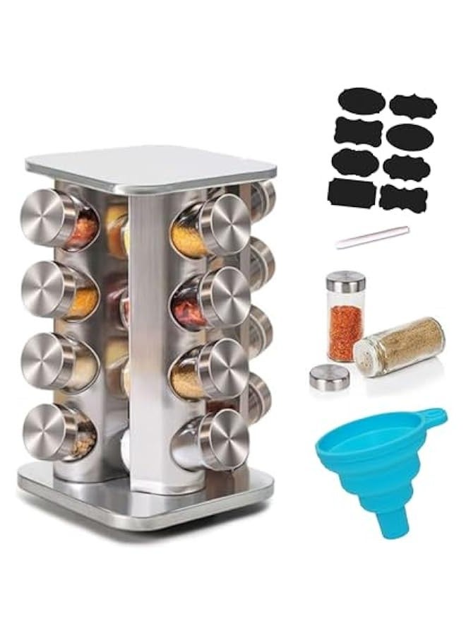 Beauenty Multifunctional Stainless Steel Rotating Spice Rack Set - 16-Jar Spice Bottle Organizer with sticker Labels, Silicone Folding Funnel, and Pen - Durable Kitchen Storage Solution for Seasonings - Image 1