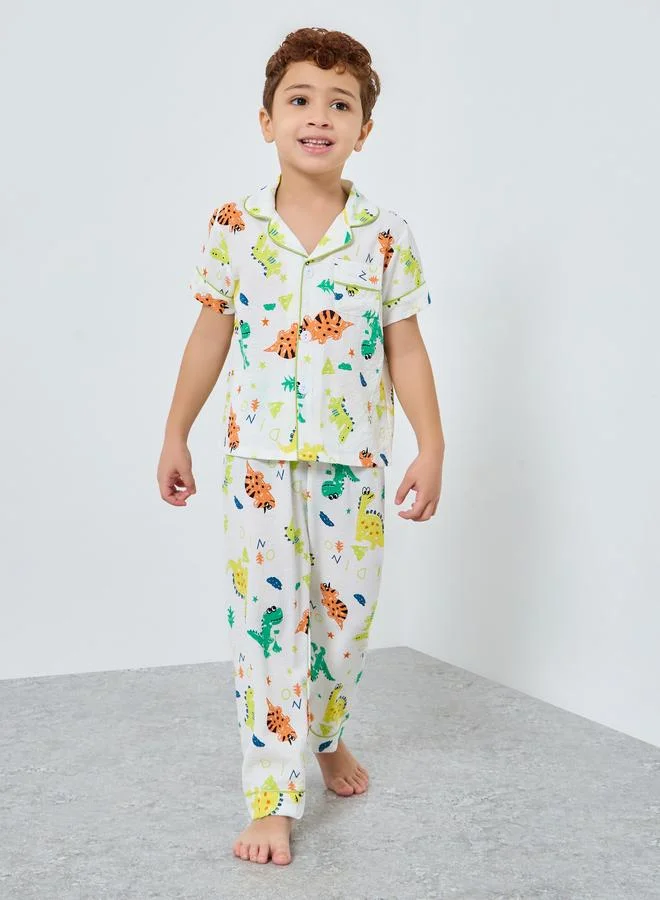 Take Two Take Two Boy White Dino Graphic Print Shirt and Pyjama Set