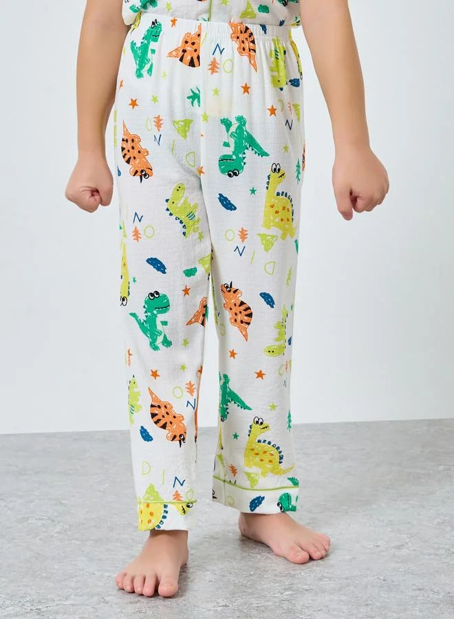 Take Two Take Two Boy White Dino Graphic Print Shirt and Pyjama Set