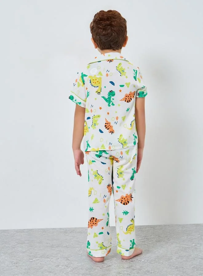 Take Two Take Two Boy White Dino Graphic Print Shirt and Pyjama Set