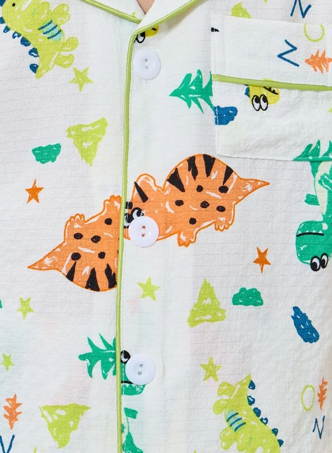 Take Two Take Two Boy White Dino Graphic Print Shirt and Pyjama Set