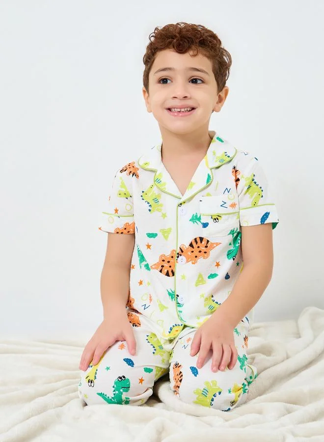 Take Two Take Two Boy White Dino Graphic Print Shirt and Pyjama Set