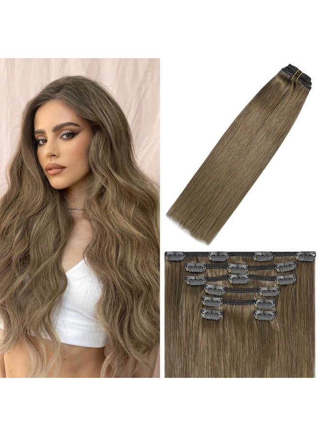 WindTouch Clip in Hair Extensions Human Hair Ash Brown Hair Extensions For Women 15Inch 70g Straight #8 - Image 1