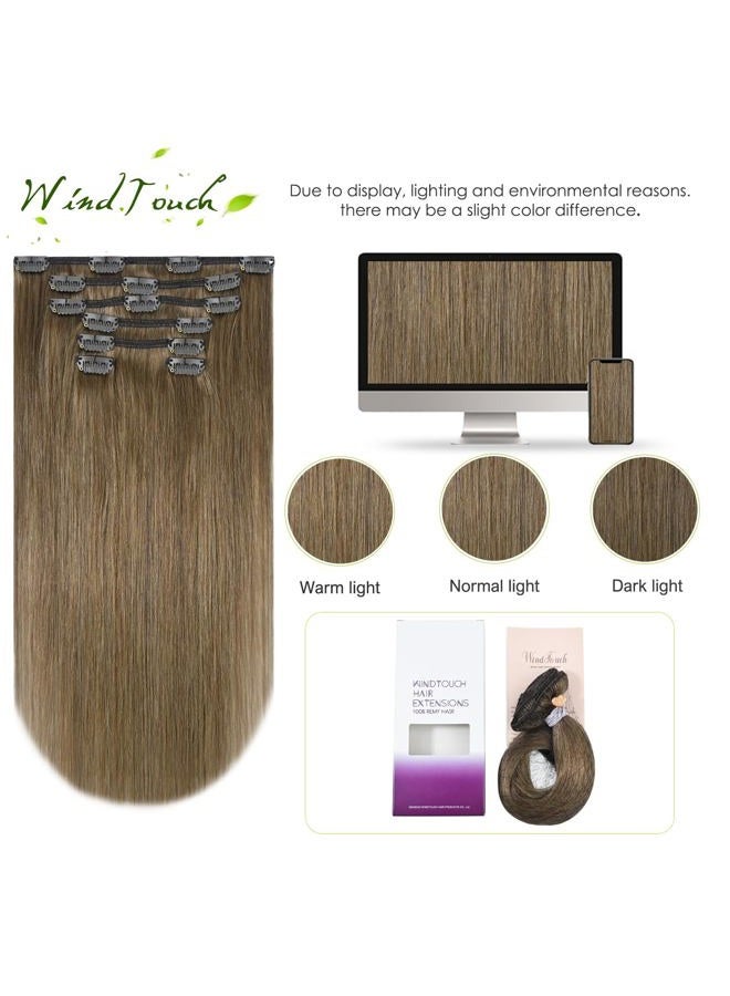 WindTouch Clip in Hair Extensions Human Hair Ash Brown Hair Extensions For Women 15Inch 70g Straight #8 - Image 4