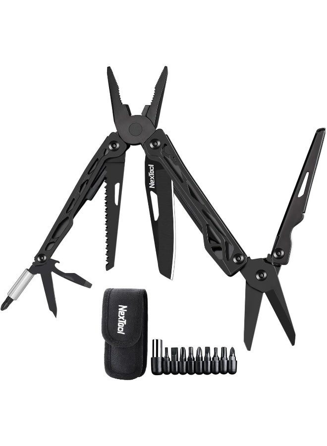 NexTool Black Knight Multitool Knife, 12 in 1 Stainless Steel Multitool, Pocket Knife with Self-Locking, Huge Scissors, 9 Screwdriver Bits, Bottle Opener for Camping Fishing Survival, Gifts for Men - Image 2