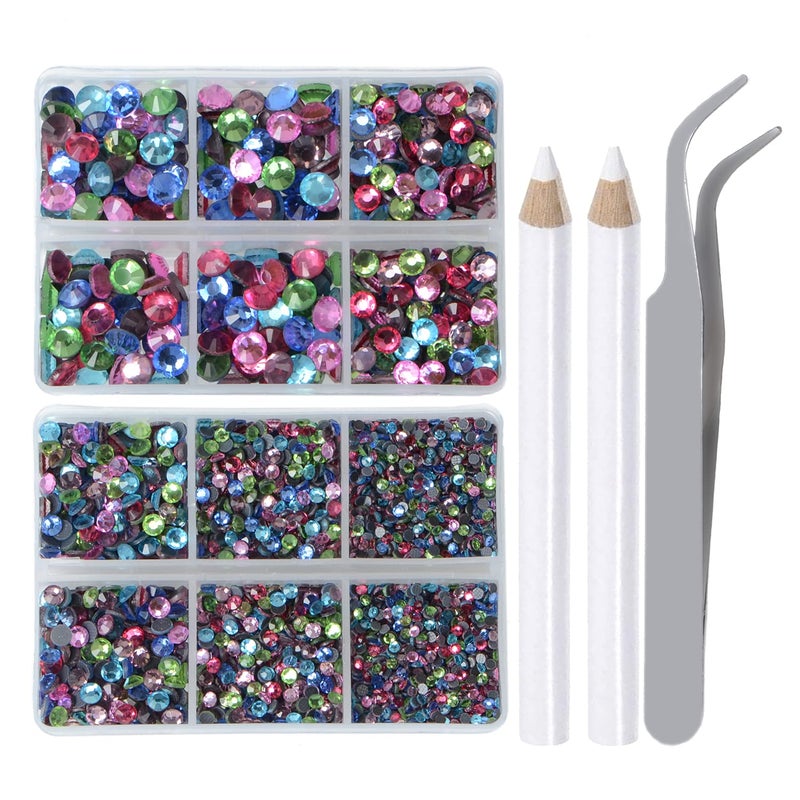 LPBeads 6400 Pieces Hotfix Rhinestones Mixed Color Flat Back 5 Mixed Sizes Crystal Round Glass Gems with Tweezers and Picking Rhinestones Pen