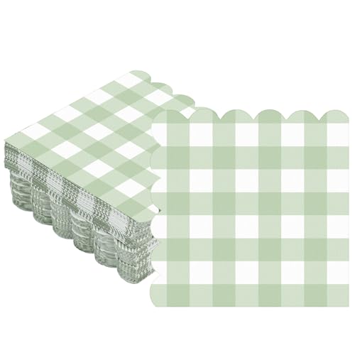 Seajan 100 Pieces Scalloped Cocktail Napkins Plaid Thick Paper Napkins Disposable Scalloped Napkins for Party Decorations Wedding Birthday Dinner Beverage Supplies 5 x 5 Inches Sage Green