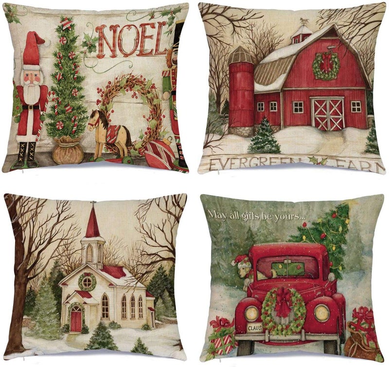 Hlonon Christmas Decorations Christmas Pillow Covers 18 x 18 Inches Set of 4  Xmas Series Cushion Pillow Cover Custom Zippered Square Pillowcase