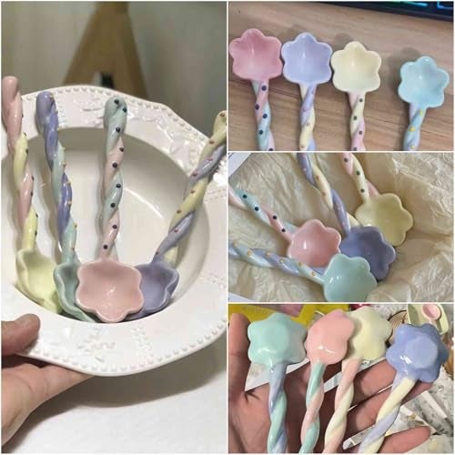 Winatehr ceramic cute small Soup Spoons, colorful japanese Spoon, cereal long handled Spoons set for Dessert 4 pcs - Image 2