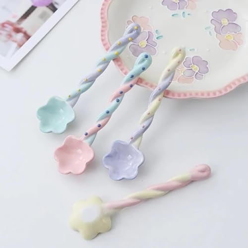 Winatehr ceramic cute small Soup Spoons, colorful japanese Spoon, cereal long handled Spoons set for Dessert 4 pcs - Image 4