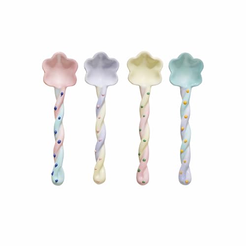 Winatehr ceramic cute small Soup Spoons, colorful japanese Spoon, cereal long handled Spoons set for Dessert 4 pcs - Image 1