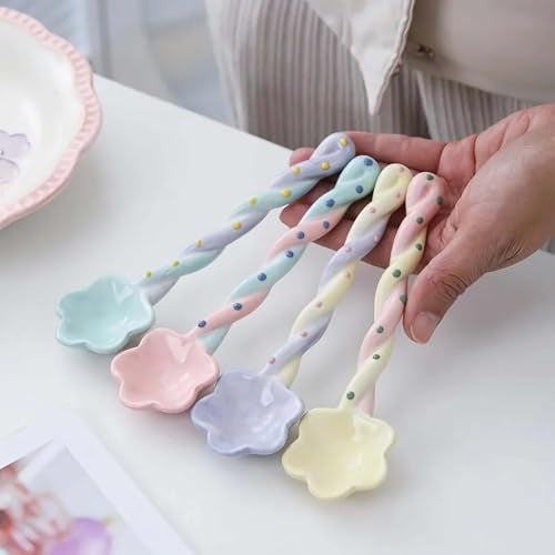 Winatehr ceramic cute small Soup Spoons, colorful japanese Spoon, cereal long handled Spoons set for Dessert 4 pcs - Image 5