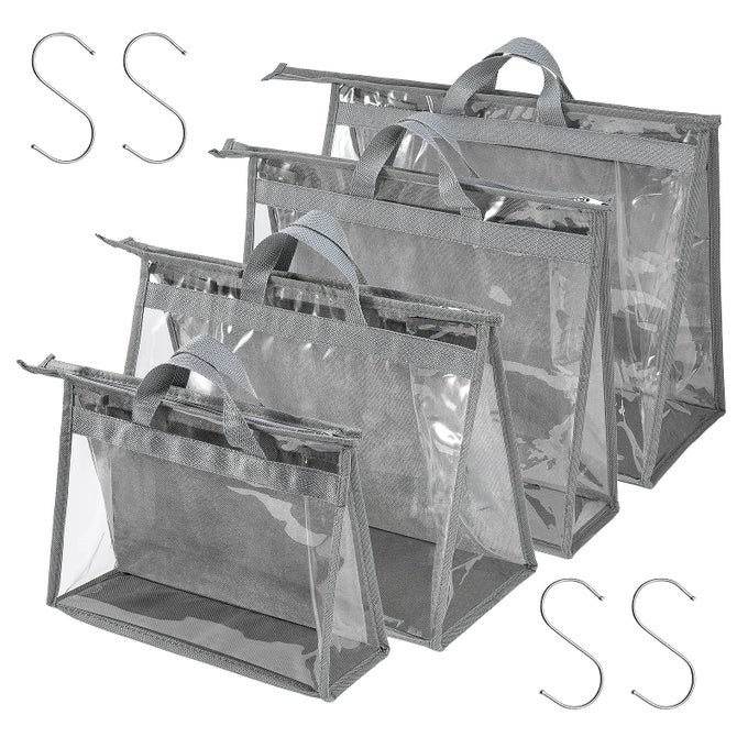 4 PACK HANDBAG DUST BAGS CLEAR PURSE STORAGE ORGANIZER FOR CLOSET ZIPPER HANGING STORAGE BAG FOR HANDBAGS GREY