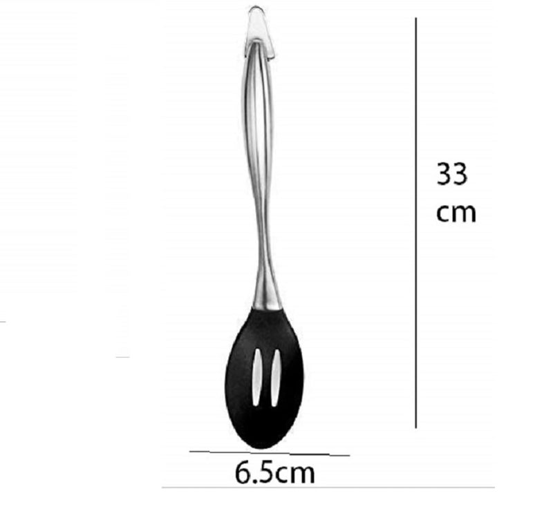 Baskety Basics Silicone Slotted Spoon 32 cm High Heat Resistant to 480F Hygienic One Piece Design Large Serving and Draining Spoon Steel Spoon Hole Black - Image 2