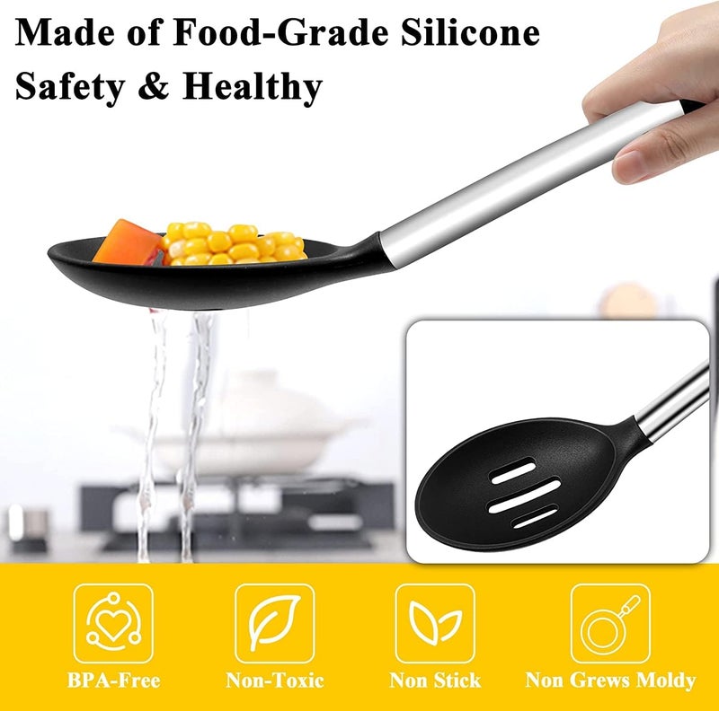 Baskety Basics Silicone Slotted Spoon 32 cm High Heat Resistant to 480F Hygienic One Piece Design Large Serving and Draining Spoon Steel Spoon Hole Black - Image 5