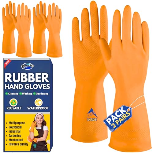 F8WARES 2 Pairs Multi Purpose Extra Thick Rubber Hand Gloves for Cleaning, Dish-washing, Gardening and Industrial Use with Anti Slip Grip - Reusable & Waterproof Suitable for Kitchen Bathroom & Toilet - Image 1