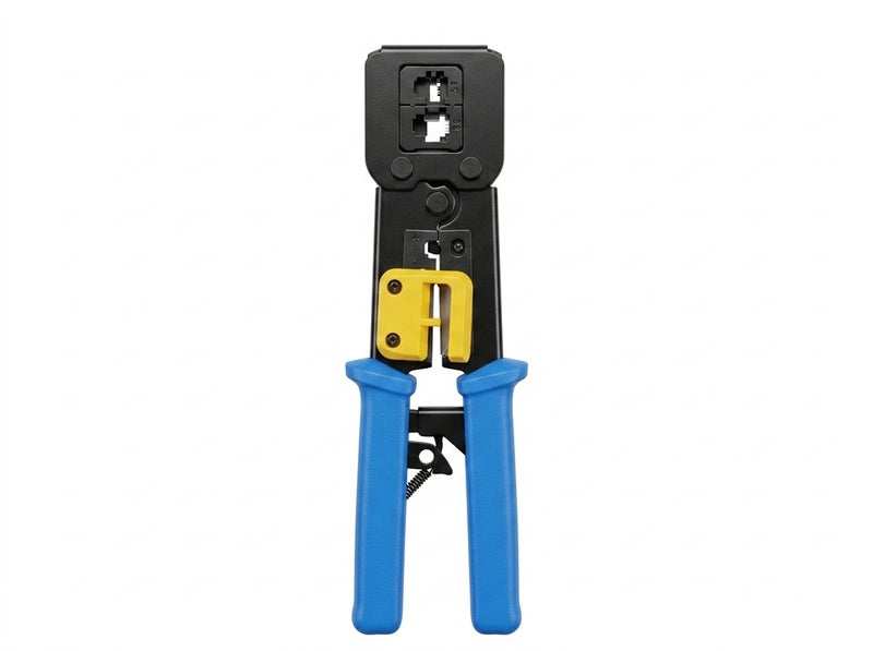EZ Crimping Tool for Network and Telephone Cables in Black and Blue, Supports Crimping, Cutting, and Stripping, with a Durable Design and Comfortable Grip for Professional Use. - Image 1