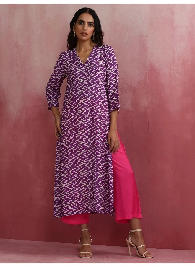 trueBrowns Purple Muslin Silk Printed Kurta Set