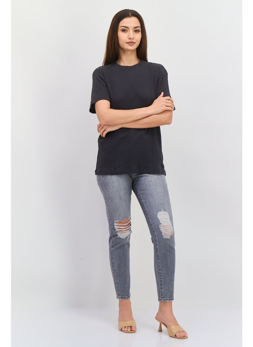 Modern Culture Women Round Neck Short Sleeves Rib T-Shirt, Grey  - Image 4