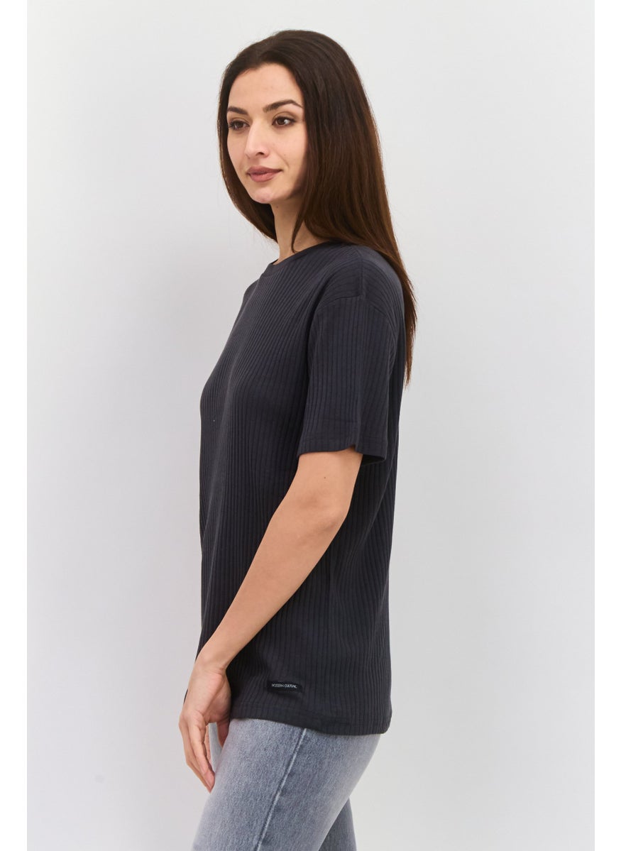 Modern Culture Women Round Neck Short Sleeves Rib T-Shirt, Grey  - Image 2