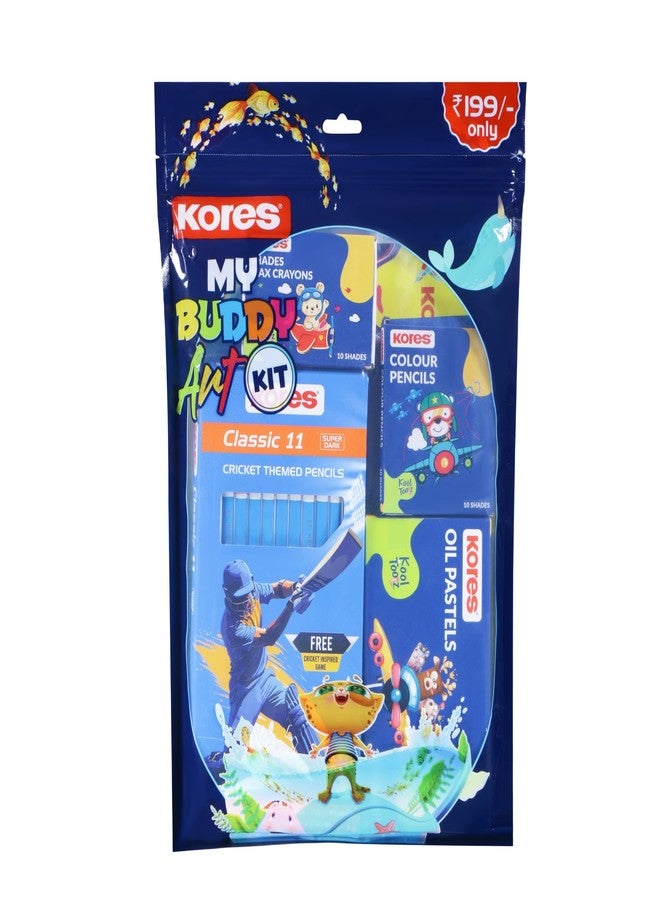 Kores My Buddy Art Kit | Gift Pack | Cricket Pencils | Wax Crayons Colour Set| Oil Pastels | Kids Drawing Set | Activity Book| 5 in 1 Back to School Stationery Set - Image 2