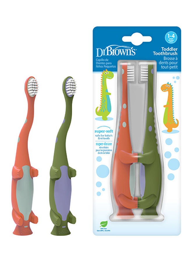 Dr. Brown’s Pack Of 2 Toddler Toothbrush, Dinosaur, Green/Orange - Image 1