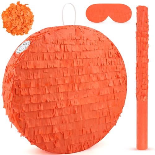 Abilat Orange Round Pinata with Stick Blindfold and Confetti DIY Blank Pinata for Adults Kids Birthday Party Supplies Carnivals Thanksgiving Decorations - Image 1