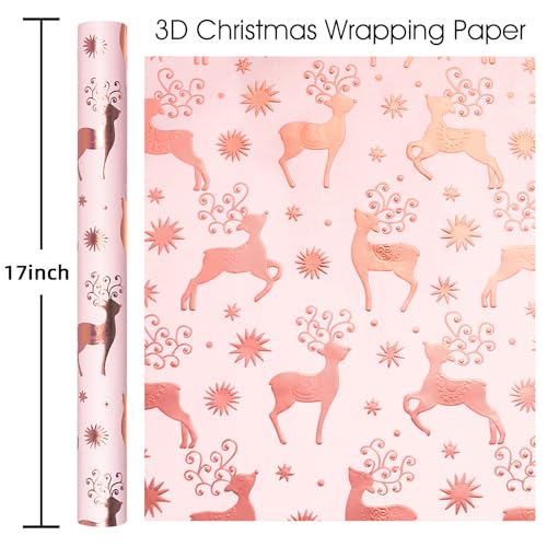 Yarcony Pink Kraft Christmas Wrapping Paper, Girl Gift Wrapping Paper, 3D Embossed Luxury Rose Gold Reindeer & Star Theme Holiday Gift Wrap for Winter Gift Packaging (Mini Roll, 17 Inch X 33 Feet) - Image 3