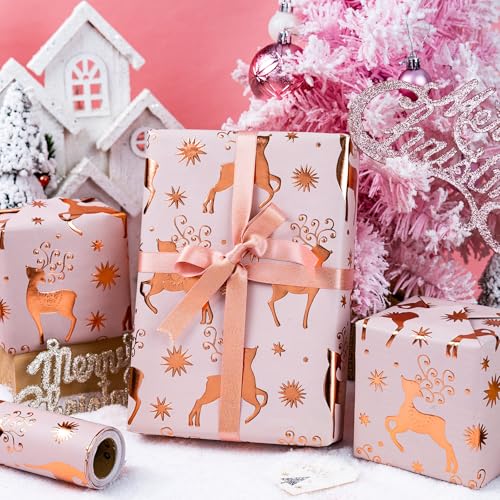 Yarcony Pink Kraft Christmas Wrapping Paper, Girl Gift Wrapping Paper, 3D Embossed Luxury Rose Gold Reindeer & Star Theme Holiday Gift Wrap for Winter Gift Packaging (Mini Roll, 17 Inch X 33 Feet) - Image 2