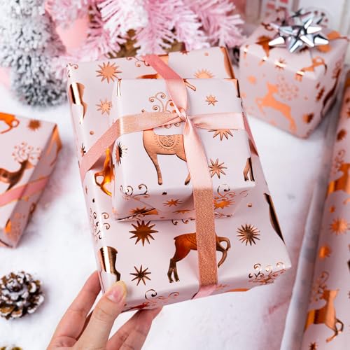 Yarcony Pink Kraft Christmas Wrapping Paper, Girl Gift Wrapping Paper, 3D Embossed Luxury Rose Gold Reindeer & Star Theme Holiday Gift Wrap for Winter Gift Packaging (Mini Roll, 17 Inch X 33 Feet) - Image 5