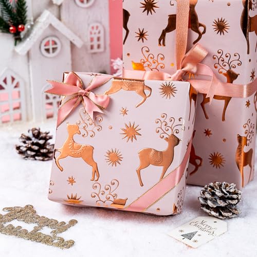 Yarcony Pink Kraft Christmas Wrapping Paper, Girl Gift Wrapping Paper, 3D Embossed Luxury Rose Gold Reindeer & Star Theme Holiday Gift Wrap for Winter Gift Packaging (Mini Roll, 17 Inch X 33 Feet) - Image 4
