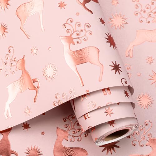 Yarcony Pink Kraft Christmas Wrapping Paper, Girl Gift Wrapping Paper, 3D Embossed Luxury Rose Gold Reindeer & Star Theme Holiday Gift Wrap for Winter Gift Packaging (Mini Roll, 17 Inch X 33 Feet) - Image 1