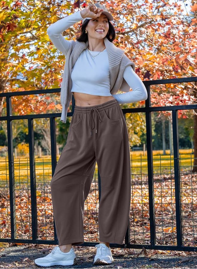 TARSE Women's Barrel Sweatpants Loose Fit Lounge Pants Casual Wide Leg Pants Cotton Comfy Elastic Waist Joggers with Pockets, Coffee, XXL - Image 2