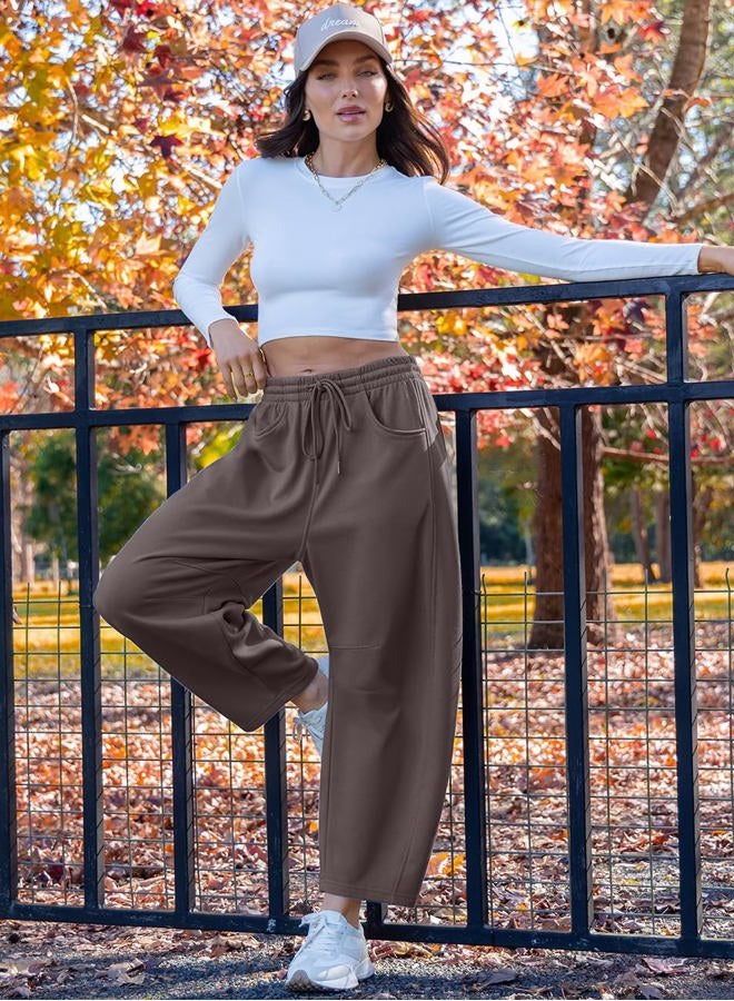 TARSE Women's Barrel Sweatpants Loose Fit Lounge Pants Casual Wide Leg Pants Cotton Comfy Elastic Waist Joggers with Pockets, Coffee, XXL - Image 4