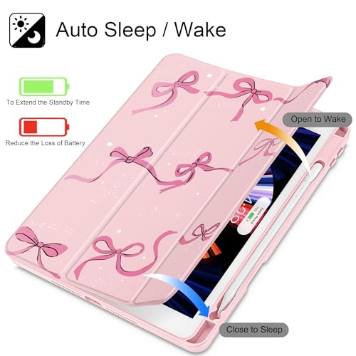 May Chen for iPad 9th Generation with Pencil Holder, iPad 8th/7th Gen Case 10.2-inch, [Penceil Holder] Trifold Stand Auto Wake/Sleep Clear TPU Protection Back Cover, Pink Bows - Image 3