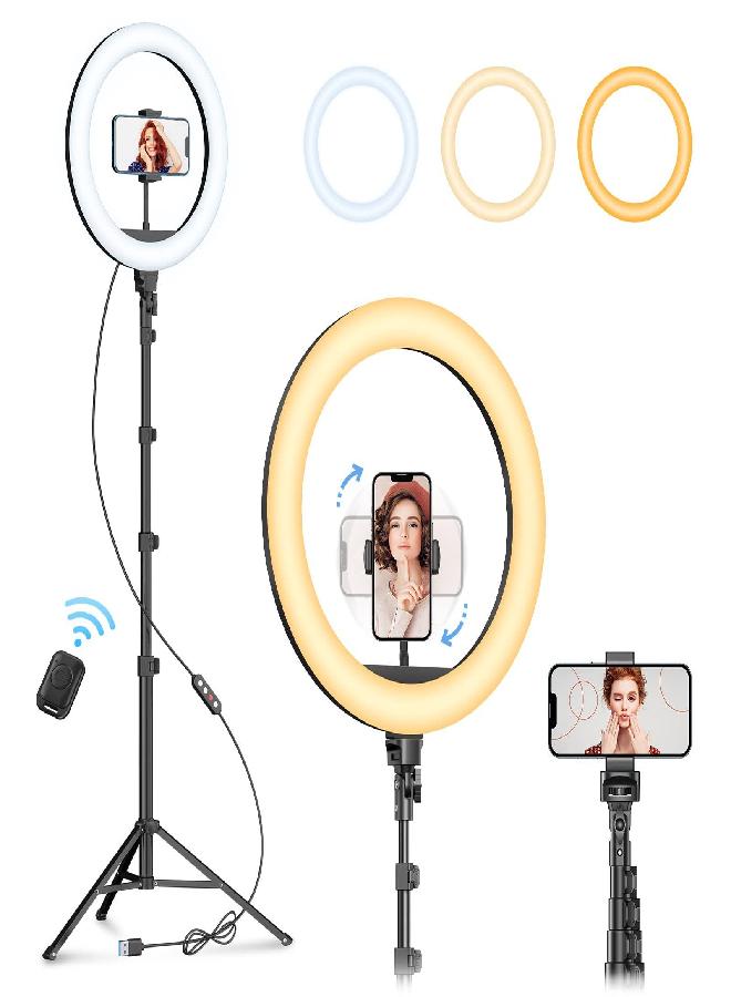 Weilisi Weilisi 12" Selfie Ring Light with 63" Tripod Stand, Dimmable LED Ring Light with Phone Holder and Wireless Remote, [2-in-1] Ring Light & Selfie Stick for Photography/Makeup/Live Stream/YouTube  - Image 1