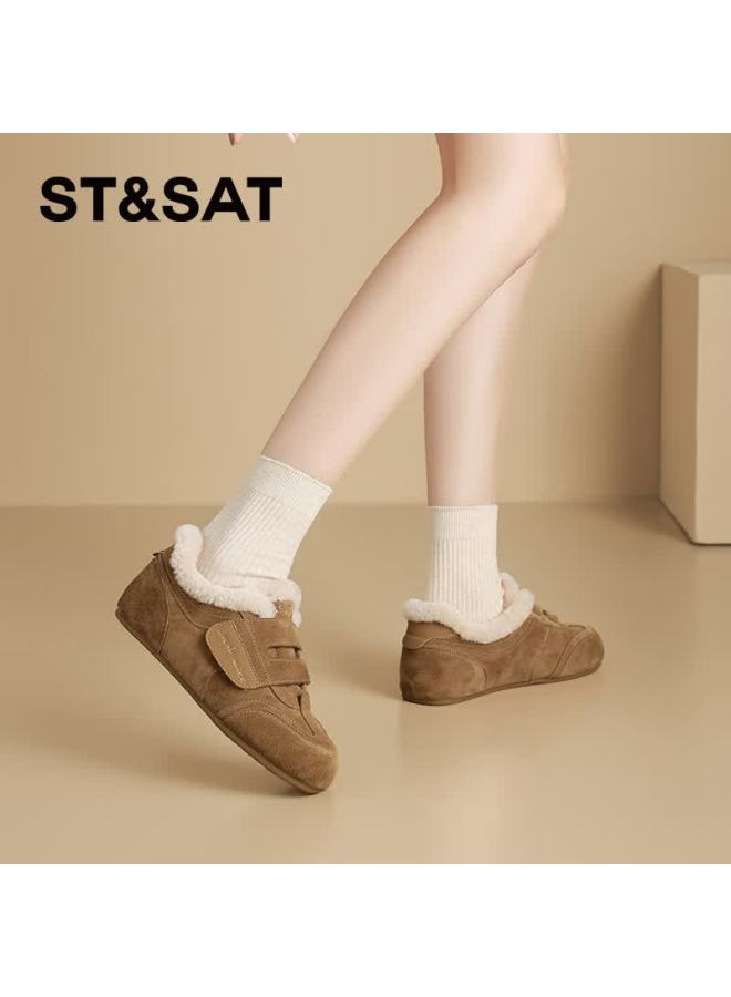 St&sat Genuine Leather Cowhide Flat Height-increasing Fleece-lined Velcro Birkenstock-style Casual Shoes For Women Camel 37 - Image 2