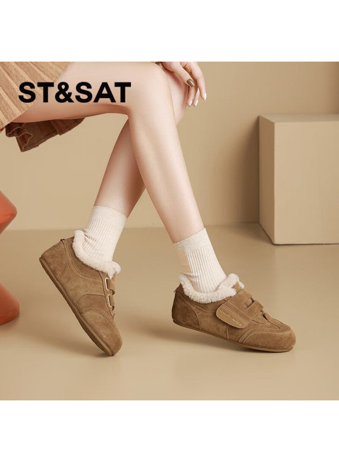 St&sat Genuine Leather Cowhide Flat Height-increasing Fleece-lined Velcro Birkenstock-style Casual Shoes For Women Camel 37 - Image 1