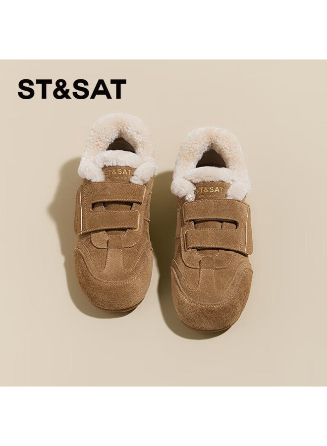 St&sat Genuine Leather Cowhide Flat Height-increasing Fleece-lined Velcro Birkenstock-style Casual Shoes For Women Camel 37 - Image 4
