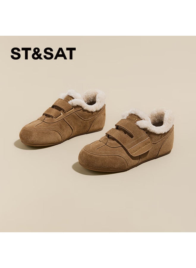 St&sat Genuine Leather Cowhide Flat Height-increasing Fleece-lined Velcro Birkenstock-style Casual Shoes For Women Camel 37 - Image 3