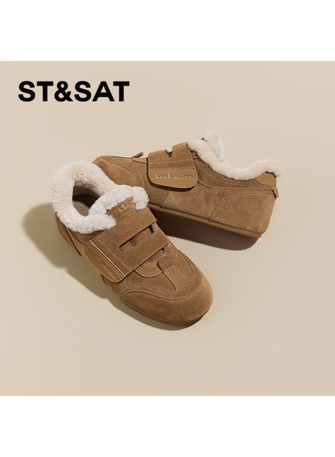 St&sat Genuine Leather Cowhide Flat Height-increasing Fleece-lined Velcro Birkenstock-style Casual Shoes For Women Camel 37 - Image 5