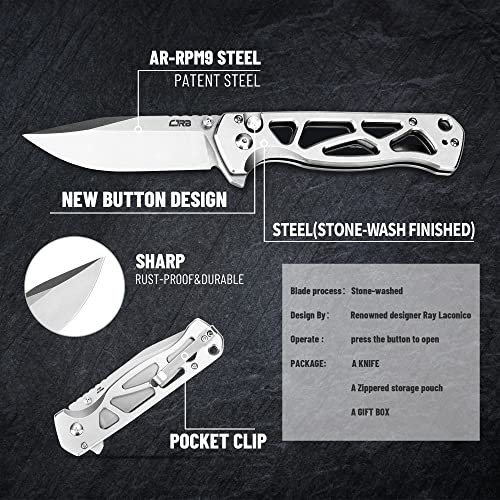 CJRB CUTLERY Folding Pocket Knife Chord(J1927) Flipper Button Lock EDC Gentleman Knife with AR-RPM9 Steel Blade and Silver Steel Handle Foldable Outdoor Carry for Men Women Gift - Image 4