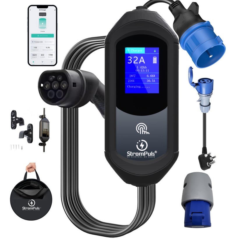 StromPuls 7.5 kW Portable EV Charger, Smart App, 1 Phase, 2.6inch Large Screen, IP65, 6 Meter TPU Cable, Adjustable Amp, Bag,Wall Holder Clips,Emergency Earthing off option, 5 Years Warranty* (Bundle) - Image 1