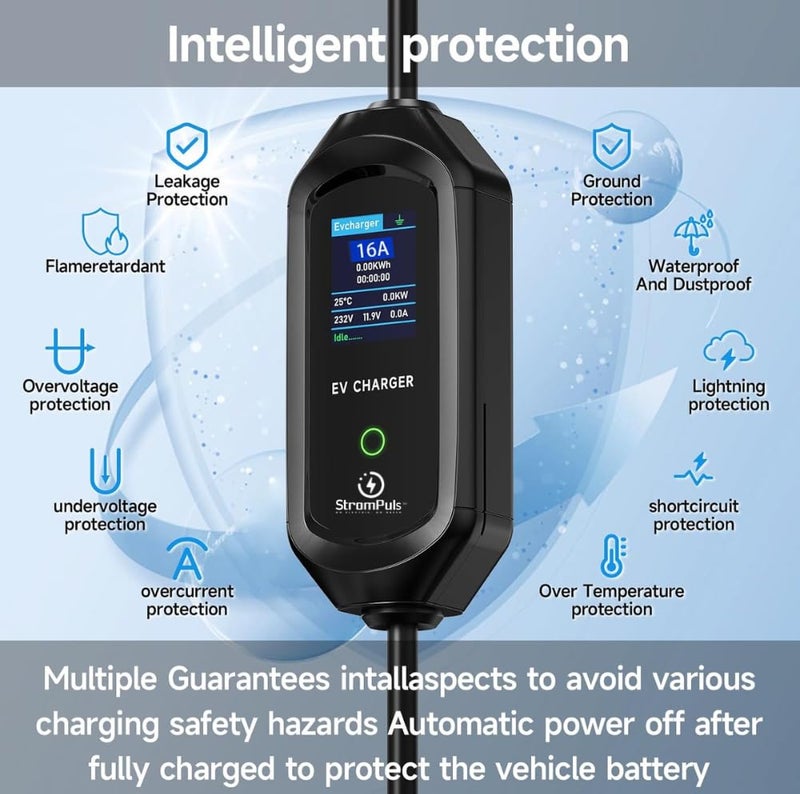 StromPuls 7.5 kW Portable EV Charger, Smart App, 1 Phase, 2.6inch Large Screen, IP65, 6 Meter TPU Cable, Adjustable Amp, Bag,Wall Holder Clips,Emergency Earthing off option, 5 Years Warranty* (Bundle) - Image 3