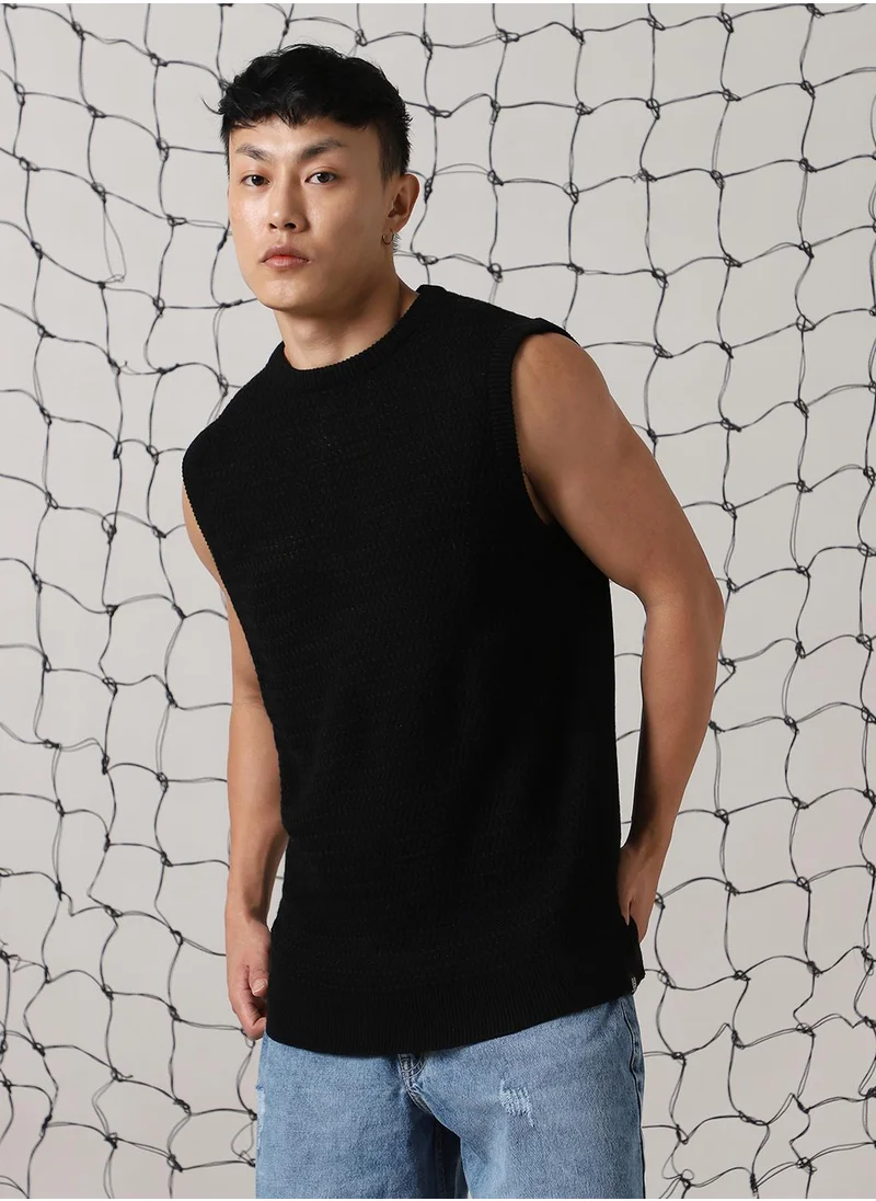 هوبرهولمي Men's Black 100% Acrylic Solid Oversized Sweater