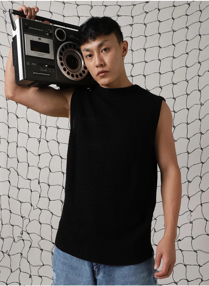 هوبرهولمي Men's Black 100% Acrylic Solid Oversized Sweater